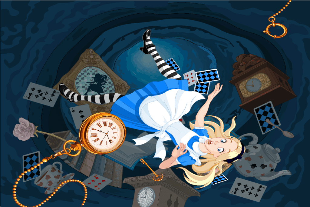 Graphic artwork inspired by the book 'Alice in Wonderland'.