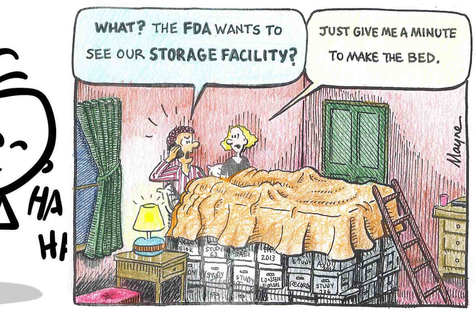 A funny cartoon of a researcher using their home stored research data as a bed.